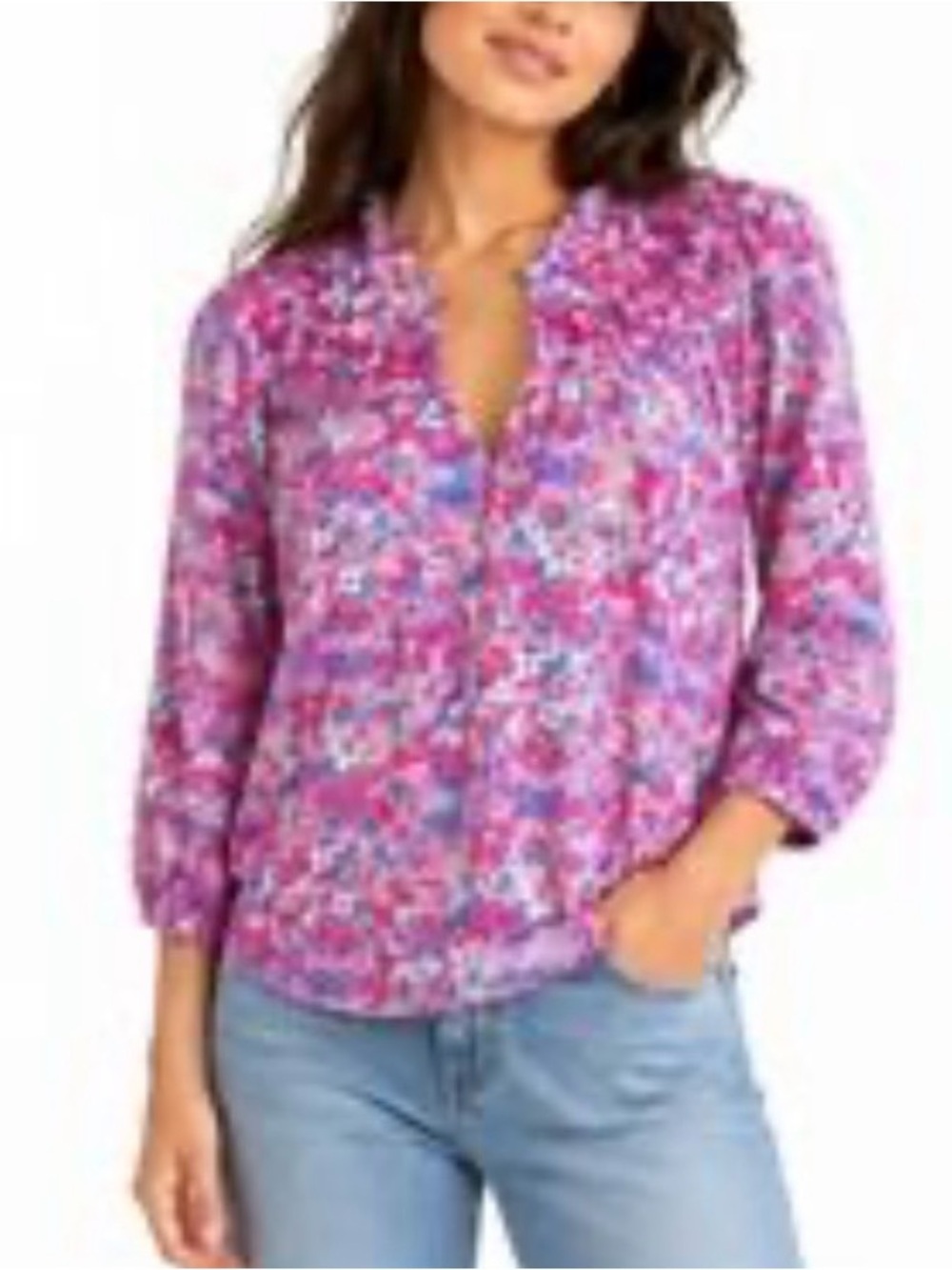 Lilly Pulitzer Floral Print Cotton/Viscose Blend Blouse XL Perfect Pink